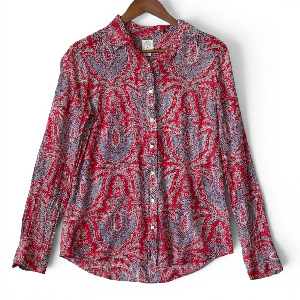 J. Crew The Perfect Shirt 6 S Red Paisley Cotton Silk Button Up Blouse Preppy